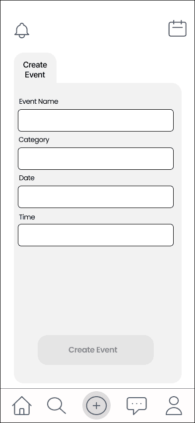 Lo-fi create event screen: fields for event name, category, date and time, and a Create Event button.