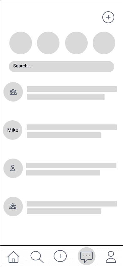 Lo-fi messages screen: a row of round avatars, a search bar, and a list of group and one-to-one chats.