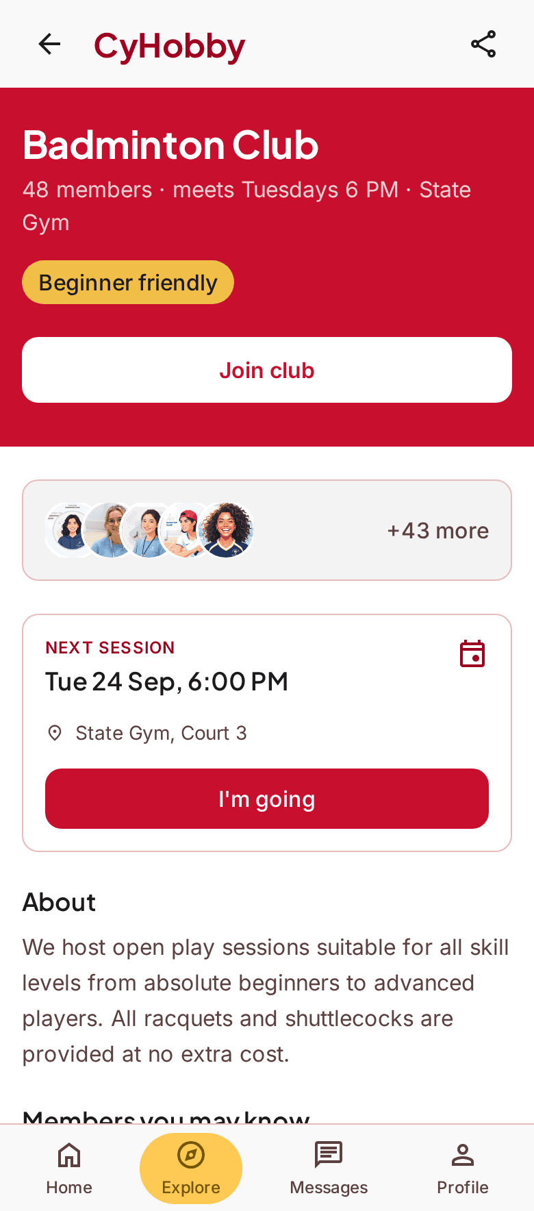 CyHobby Badminton Club screen: 48 members, Tuesdays 6 PM at State Gym, and one Join button