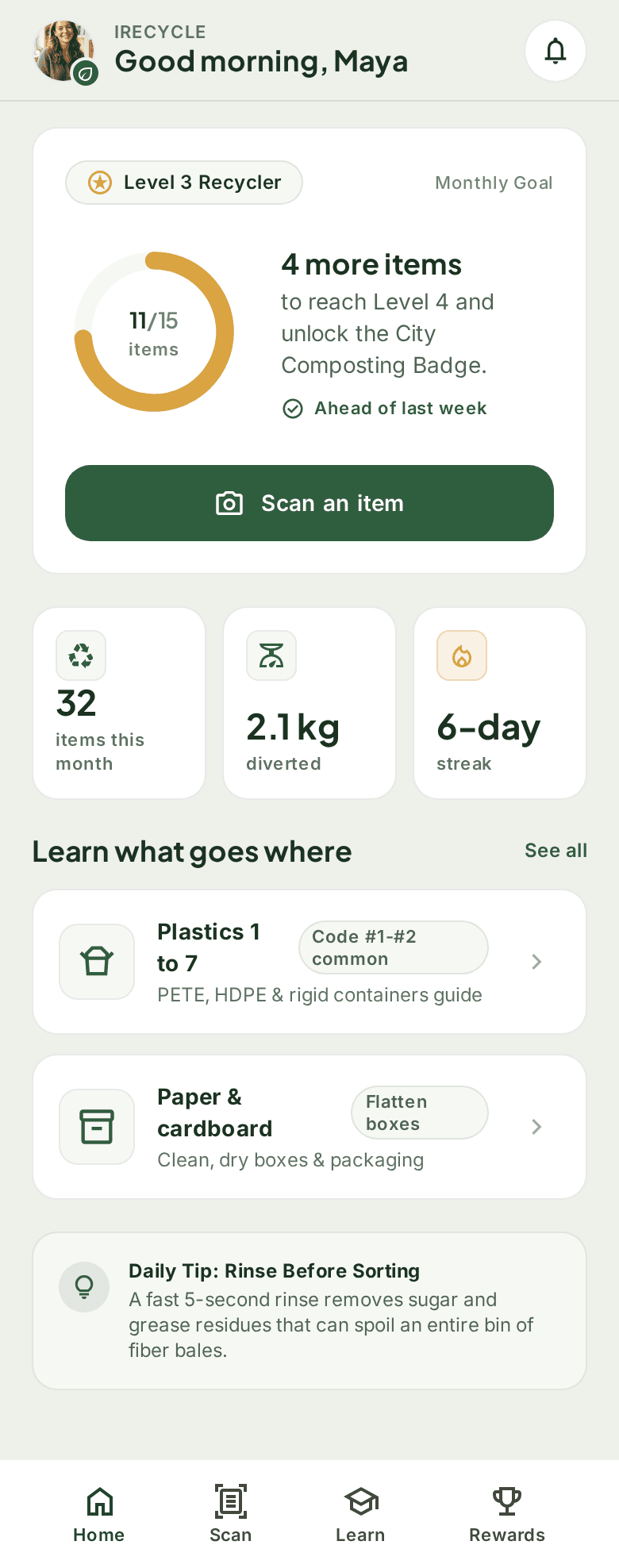 iRecycle home screen: “Good morning, Maya”, a Level 3 Recycler ring at 11 of 15, and a Scan an item button
