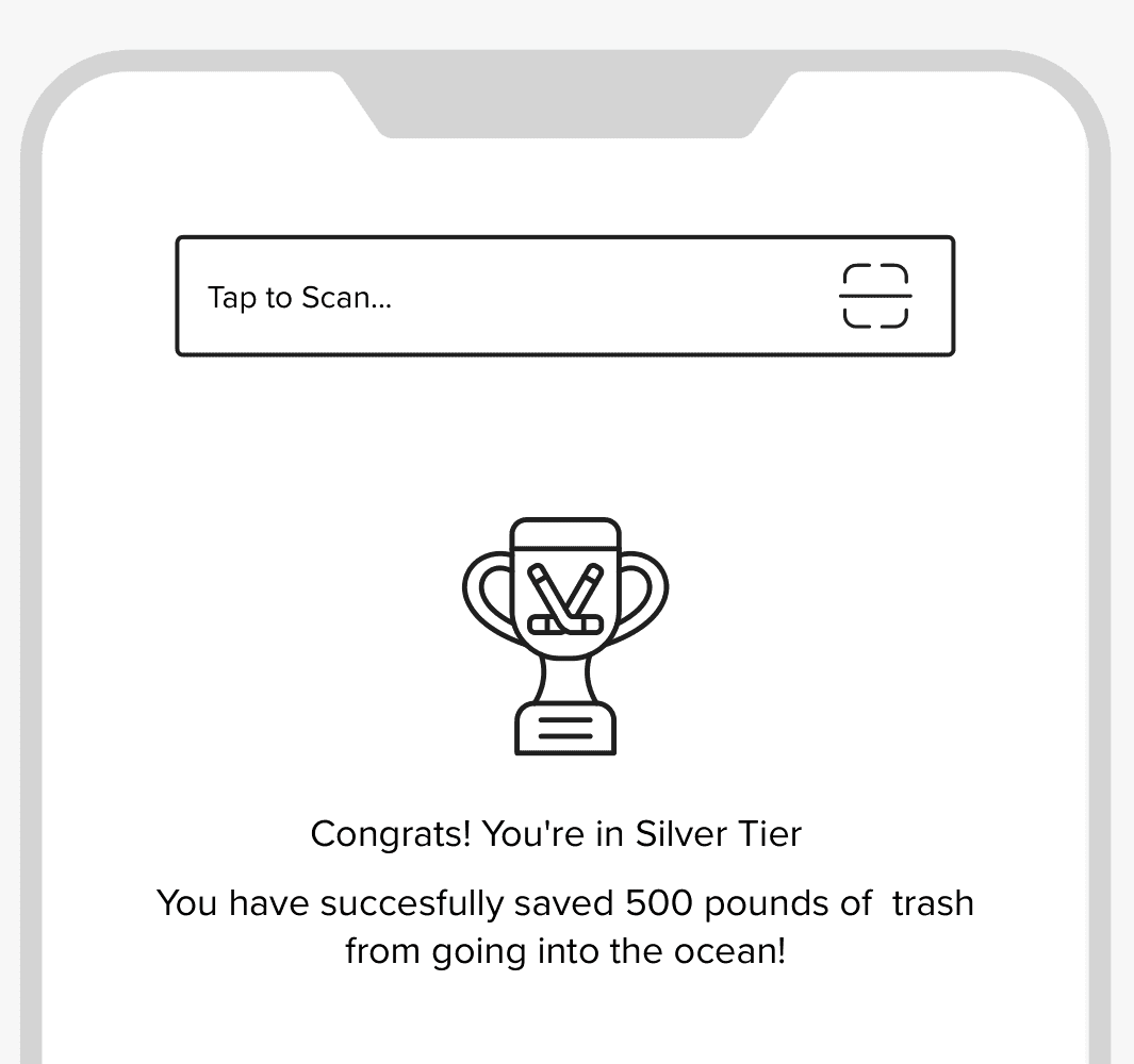 Top of the lo-fi home wireframe: a small Tap to Scan bar, then a trophy and a note that you reached Silver Tier and saved 500 pounds of trash from the ocean.