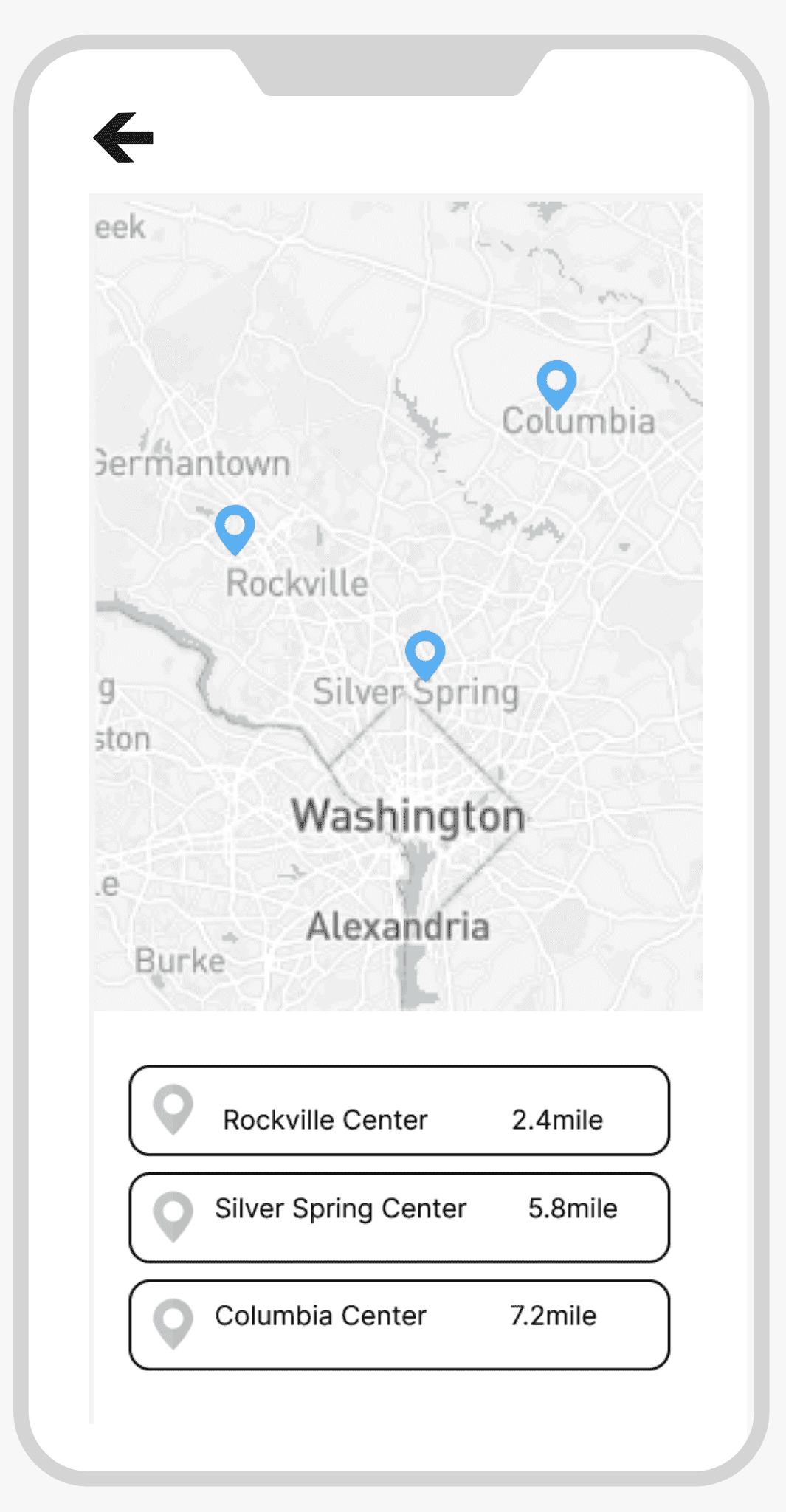 Lo-fi recycling locations wireframe: a map with three pins and a list of nearby centres, Rockville 2.4 miles, Silver Spring 5.8 miles and Columbia 7.2 miles.