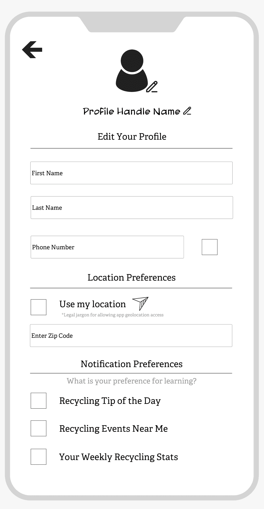 Lo-fi profile wireframe: name and phone fields, location preferences with use my location or a zip code, and notification choices for a recycling tip of the day, events near me and weekly stats.