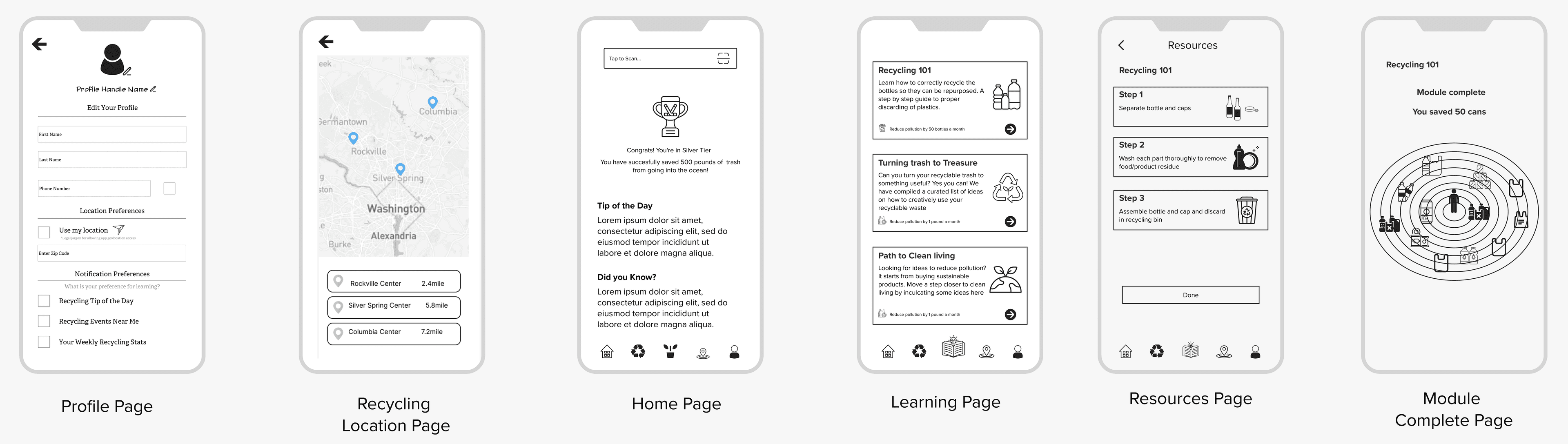 Lo-fi iRecycle wireframes: a resources page of recycling steps and a module complete page that says you saved 50 cans