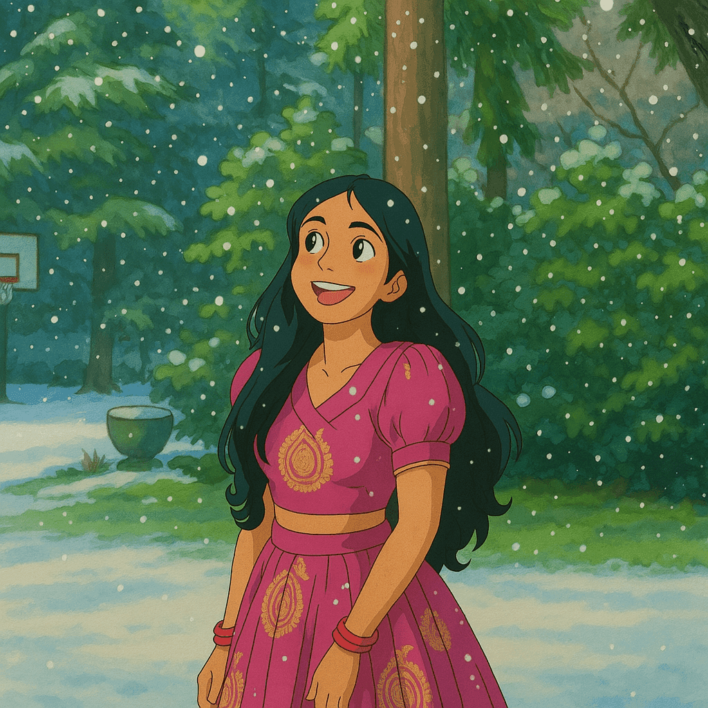 Illustration of Uma in a magenta dress with gold paisley, smiling up at falling snow among pine trees