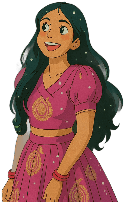 Illustration of Uma in a magenta dress with gold motifs, smiling up at falling snow